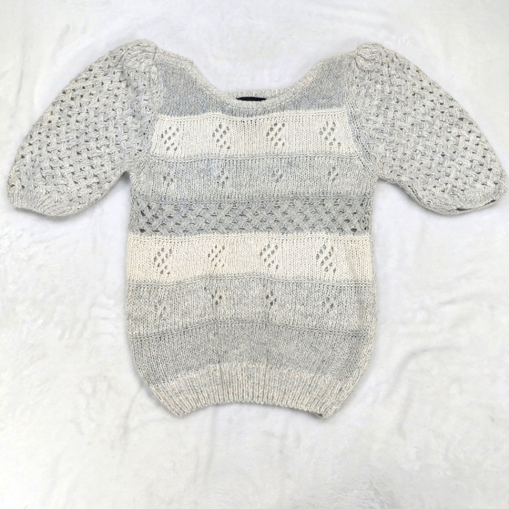 CANDOR WOMENS VTG GRAY WHITE STRIPE OPEN KNIT BASKET WEAVE PUFF SLEEVE SWEATER M